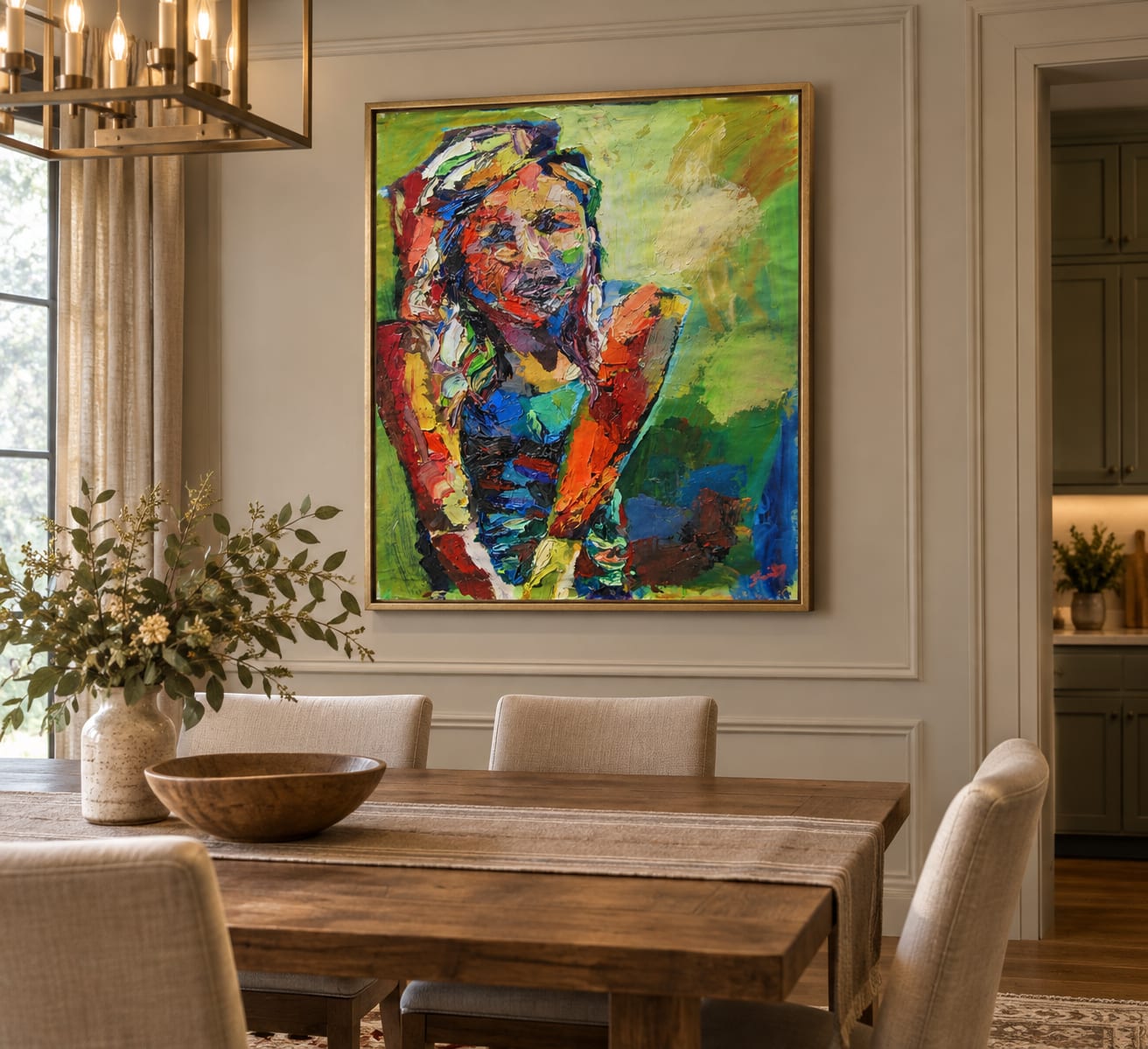 AI-generated mockup of Addy in a frame in a dining room, not a real room