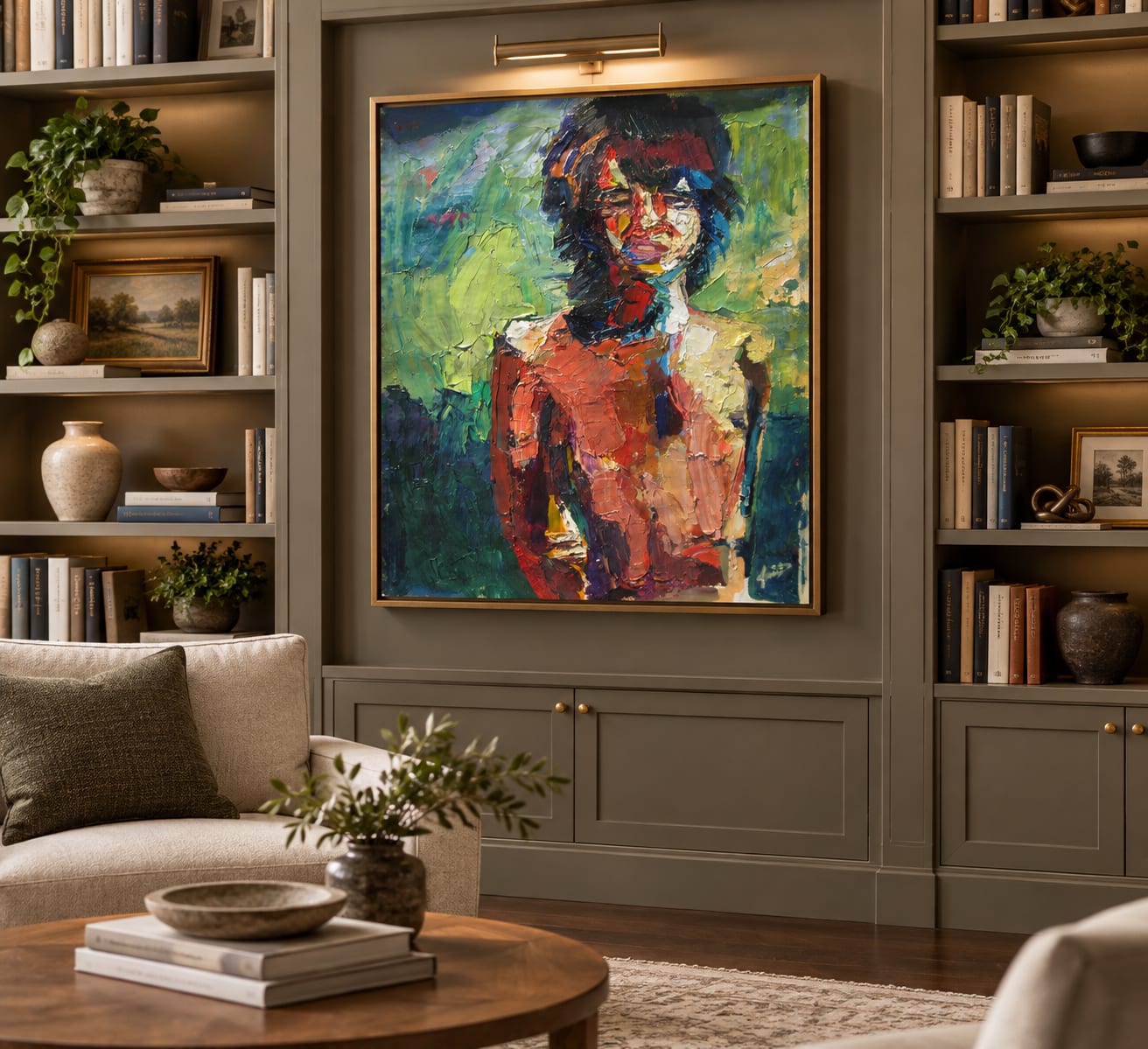 AI-generated mockup of Benny in a frame in a living room with bookshelves, not a real room