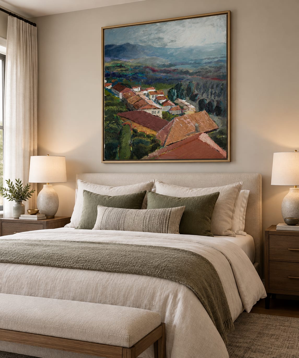 AI-generated mockup of Castiglion Fiorentino in a frame above a bed, not a real room