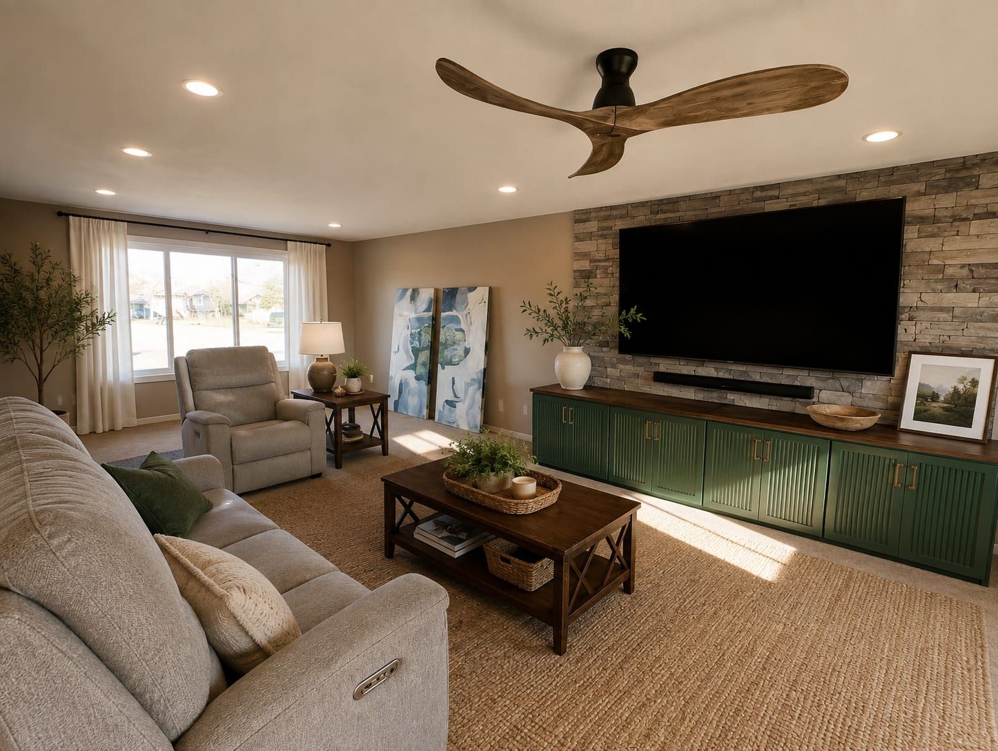 Living room with green cabinetry and Feeling Green leaning against the wall, staged with AI