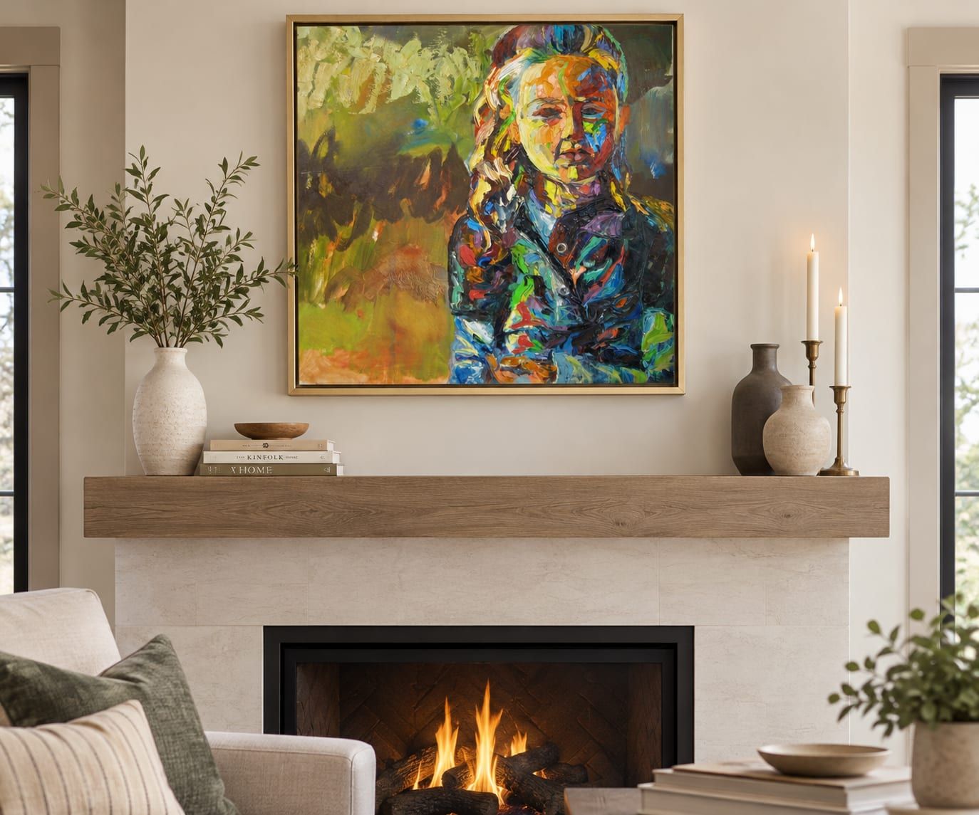 AI-generated mockup of Josie in a frame above a fireplace, not a real room