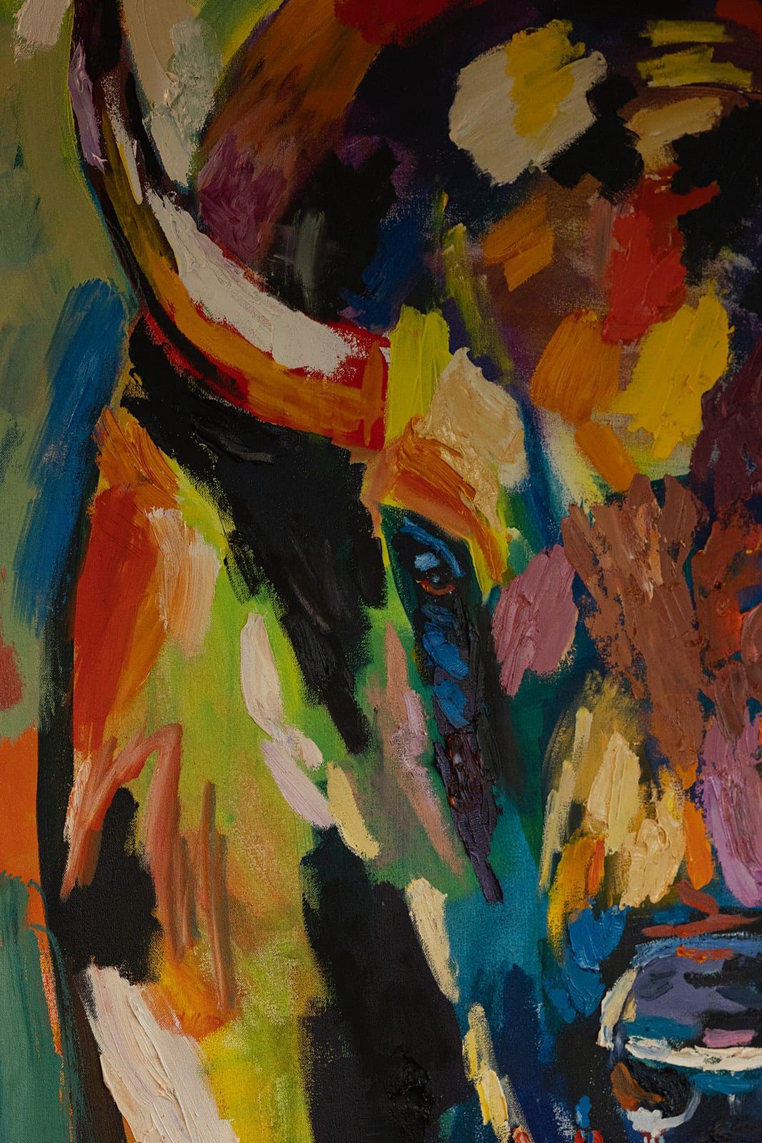 Close-up of the buffalo's eye and horn in Resilience