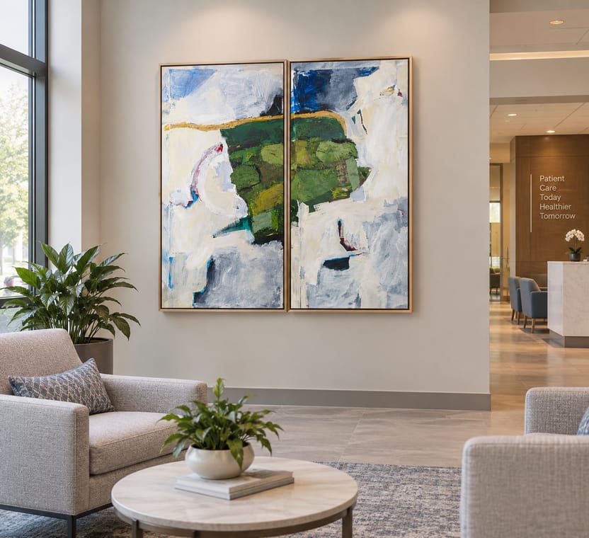 AI-generated mockup of Feeling Green, two panels side by side in a hospital lobby