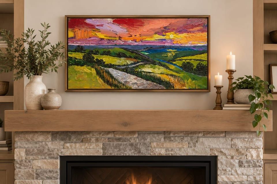 AI-generated mockup of Sunset in a frame above a fireplace