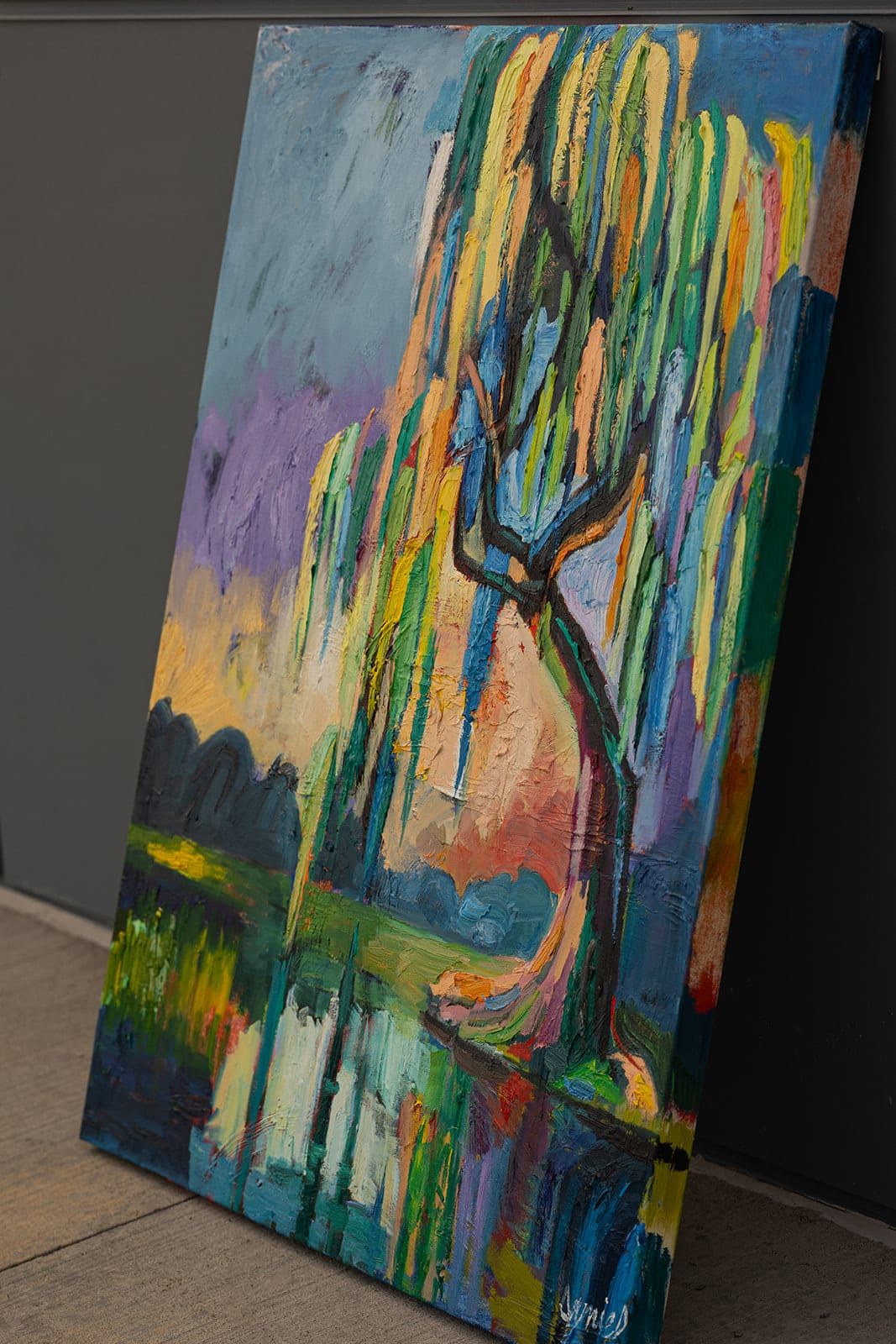 Willow Tree, the whole canvas, leaning against a wall